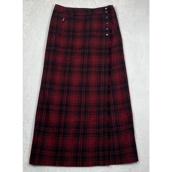 Eddie Bauer Plaid Wrap Skirt Red Black Wool Blend Fringe Size 4 - Picture 1 of 9